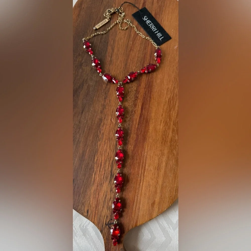 New Sherri Hill Ruby Red Necklace Y Tie Rhinestone Long Prom Event Dance